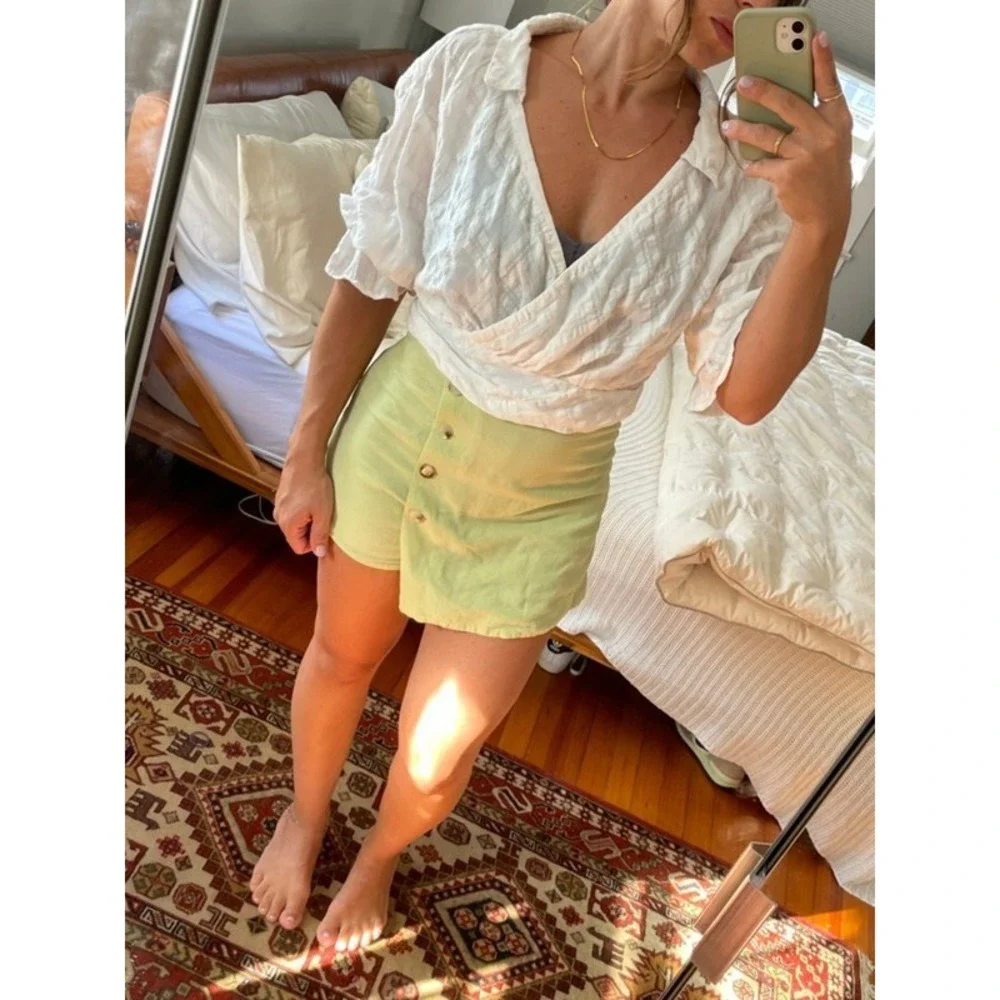 Anthropologie White Gauze Wrap Top Sz S 3/4 Puff Sleeve Collared Light Romantic